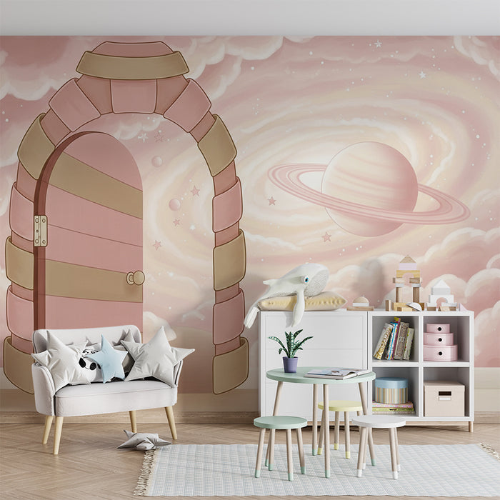 **Barnerom tapet | Magisk dør til en stjernehimmel med rosa planeter**
