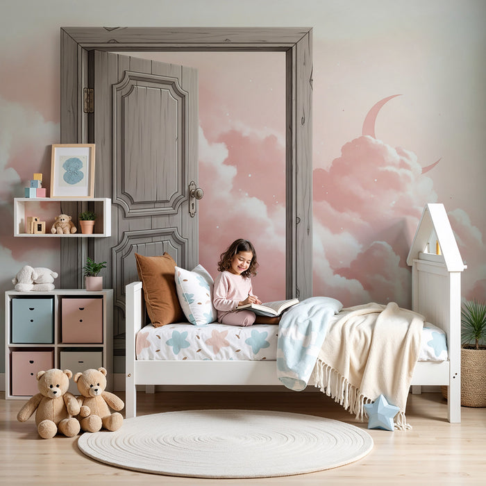 Papier peint chambre bébé | Porte ouverte sur un ciel de nuages roses et lune