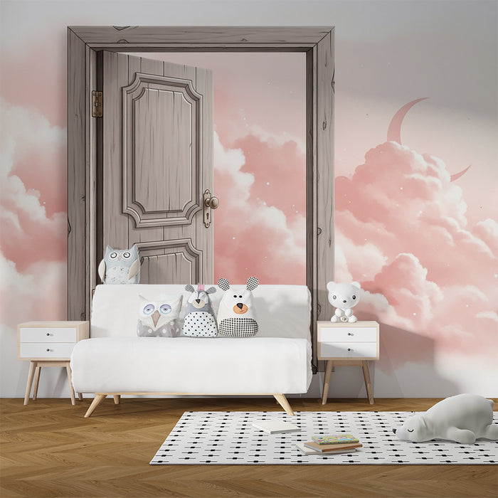Papier peint chambre bébé | Porte ouverte sur un ciel de nuages roses et lune