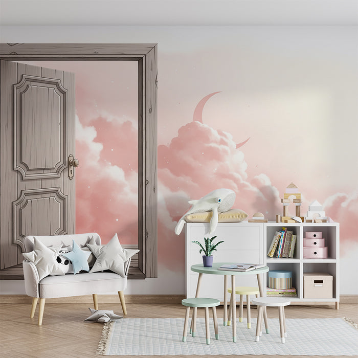 Papier peint chambre bébé | Porte ouverte sur un ciel de nuages roses et lune