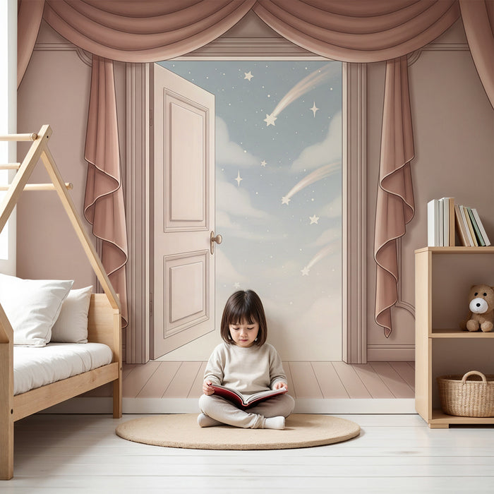 Papier peint chambre bébé | Porte ouverte sur un ciel étoilé avec nuages doux