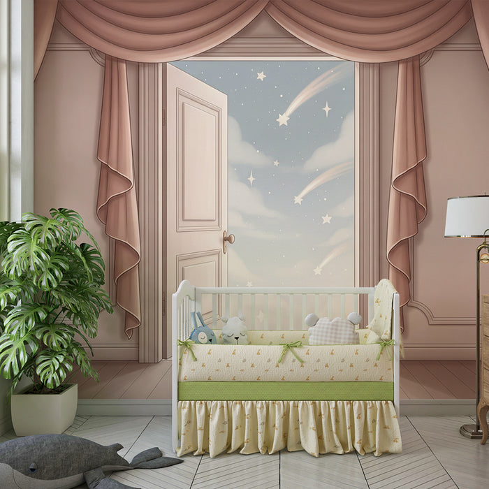 Papier peint chambre bébé | Porte ouverte sur un ciel étoilé avec nuages doux