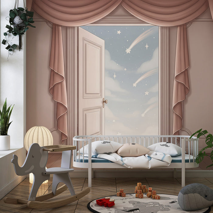 Papier peint chambre bébé | Porte ouverte sur un ciel étoilé avec nuages doux