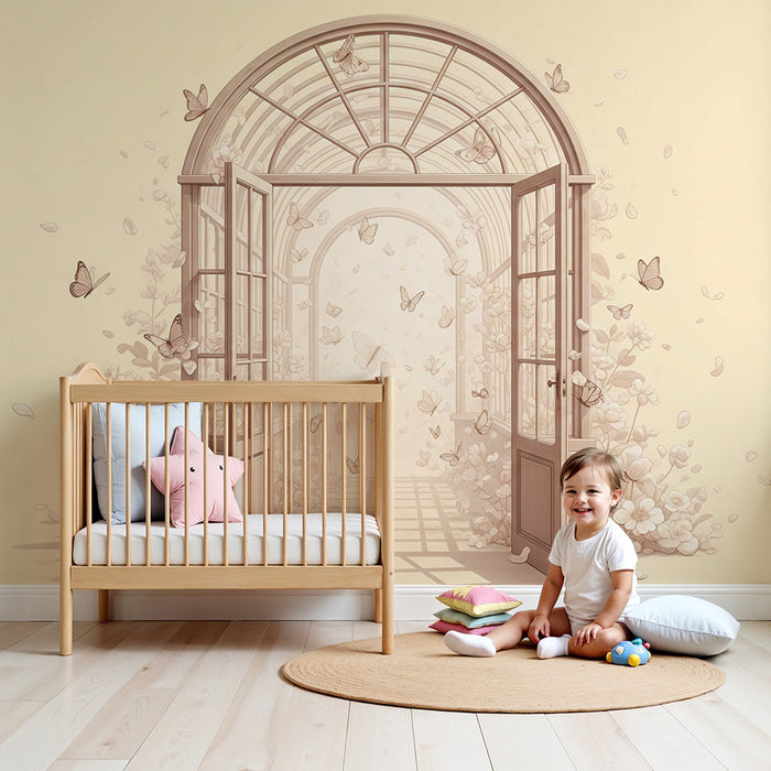 Papier peint chambre bébé | Porte ouverte sur un jardin fleuri avec papillons délicats
