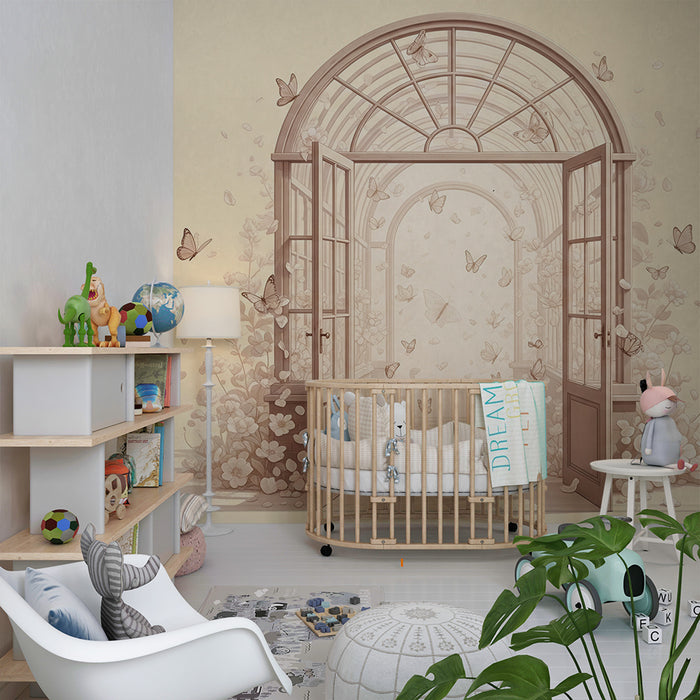 Papier peint chambre bébé | Porte ouverte sur un jardin fleuri avec papillons délicats