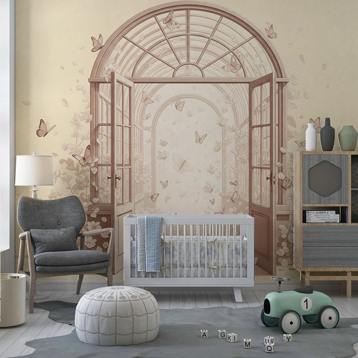 Papier peint chambre bébé | Porte ouverte sur un jardin fleuri avec papillons délicats