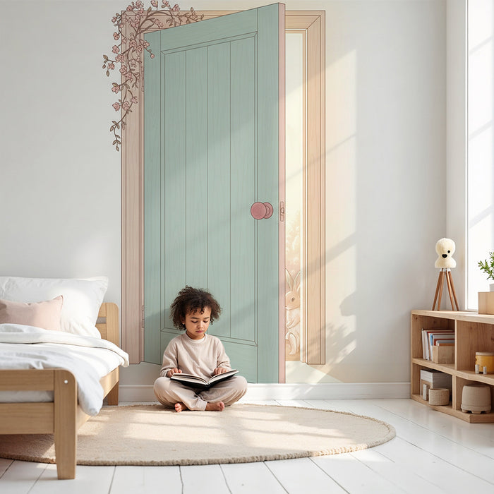 Papier peint chambre bébé | Porte ouverte sur un monde enchanteur avec un lapin