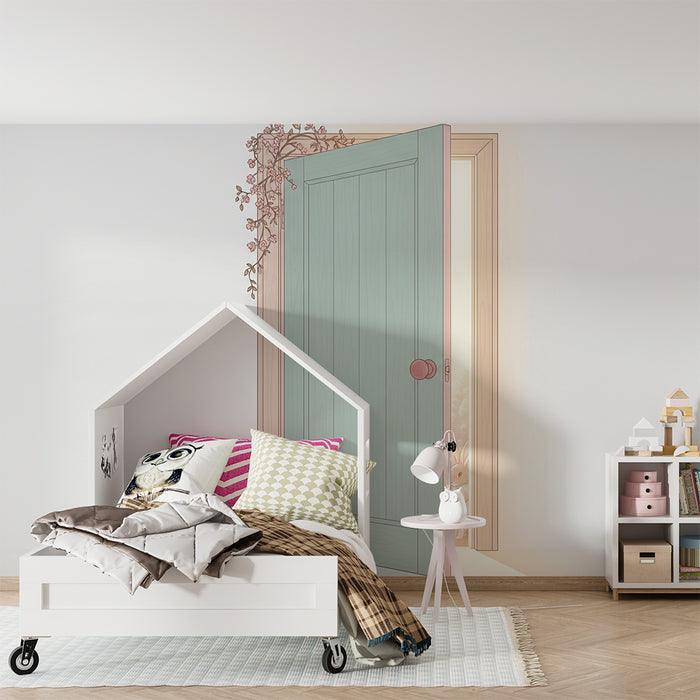 Papier peint chambre bébé | Porte ouverte sur un monde enchanteur avec un lapin