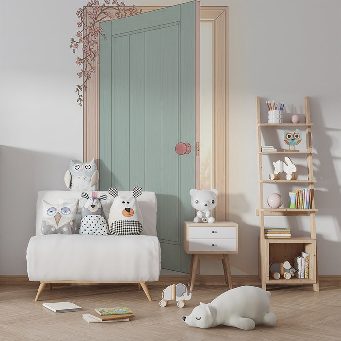 Papier peint chambre bébé | Porte ouverte sur un monde enchanteur avec un lapin