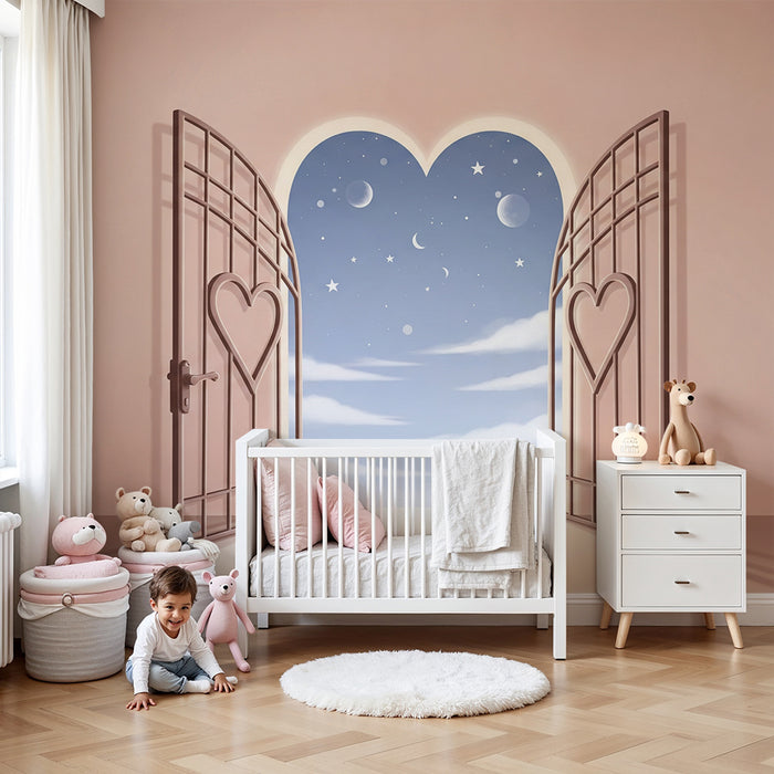 Papier peint chambre bébé | Portes en forme de cœur ouvrant sur un ciel étoilé