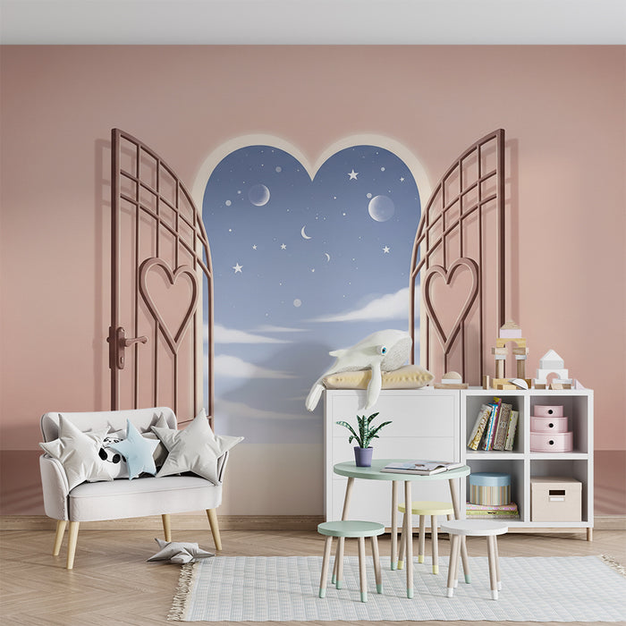 Papier peint chambre bébé | Portes en forme de cœur ouvrant sur un ciel étoilé