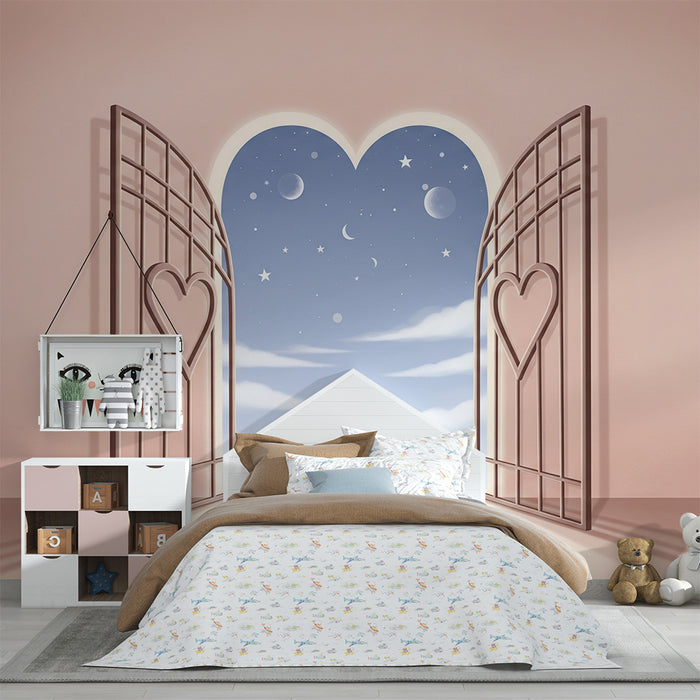 Papier peint chambre bébé | Portes en forme de cœur ouvrant sur un ciel étoilé