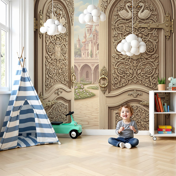 Papier peint chambre bébé | Portes ornées et château féerique en arrière-plan