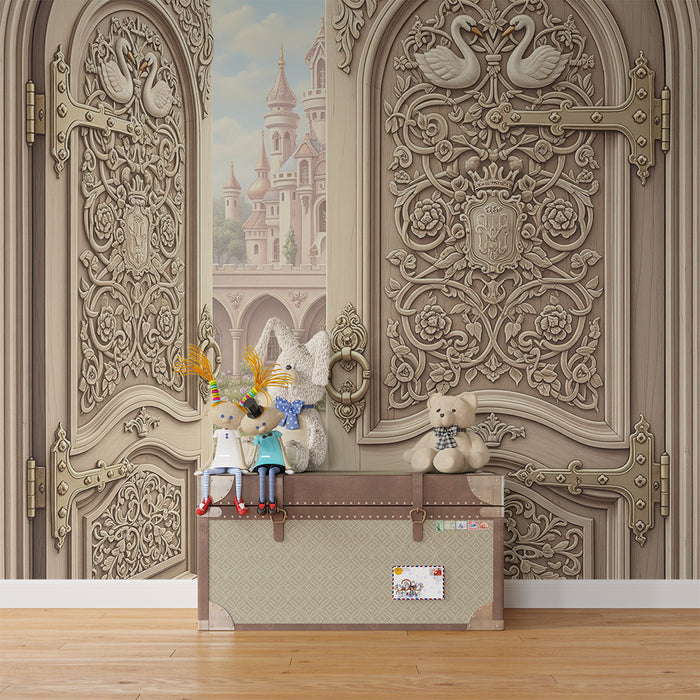 Papier peint chambre bébé | Portes ornées et château féerique en arrière-plan
