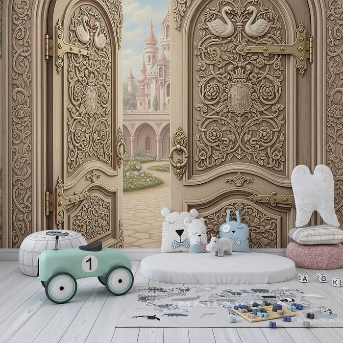 Papier peint chambre bébé | Portes ornées et château féerique en arrière-plan