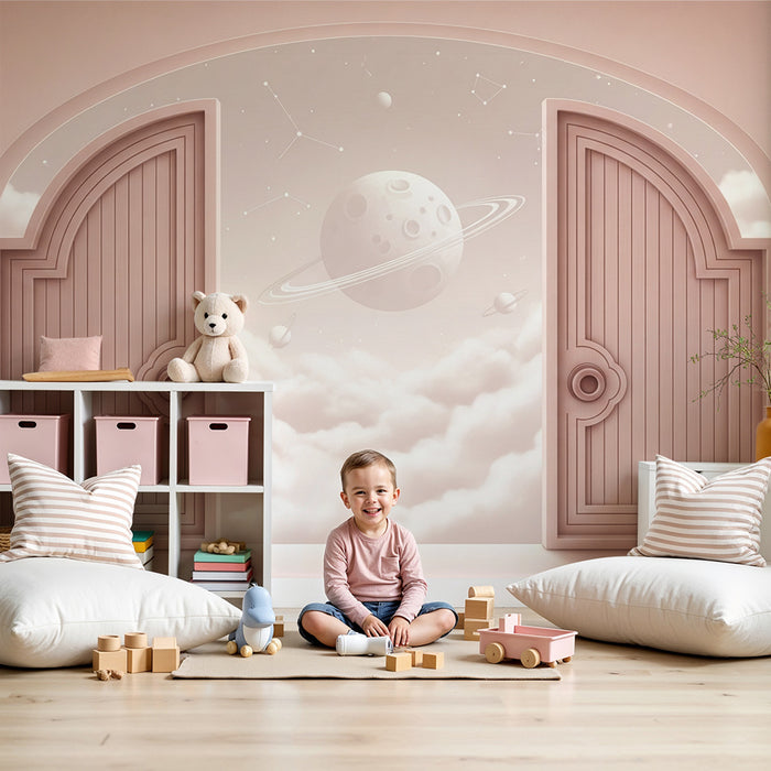 Papier peint chambre bébé | Portes ouvertes sur un univers céleste avec planètes et nuages