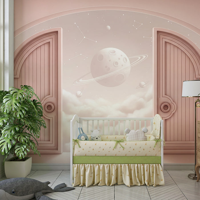 Papier peint chambre bébé | Portes ouvertes sur un univers céleste avec planètes et nuages