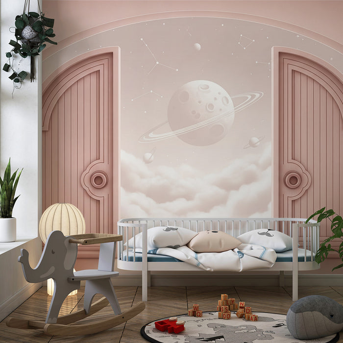 Papier peint chambre bébé | Portes ouvertes sur un univers céleste avec planètes et nuages