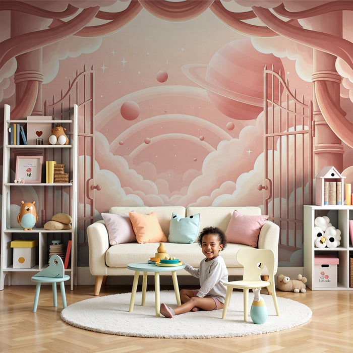 Papier peint chambre bébé | Portes ouvertes sur un univers céleste et nuageux