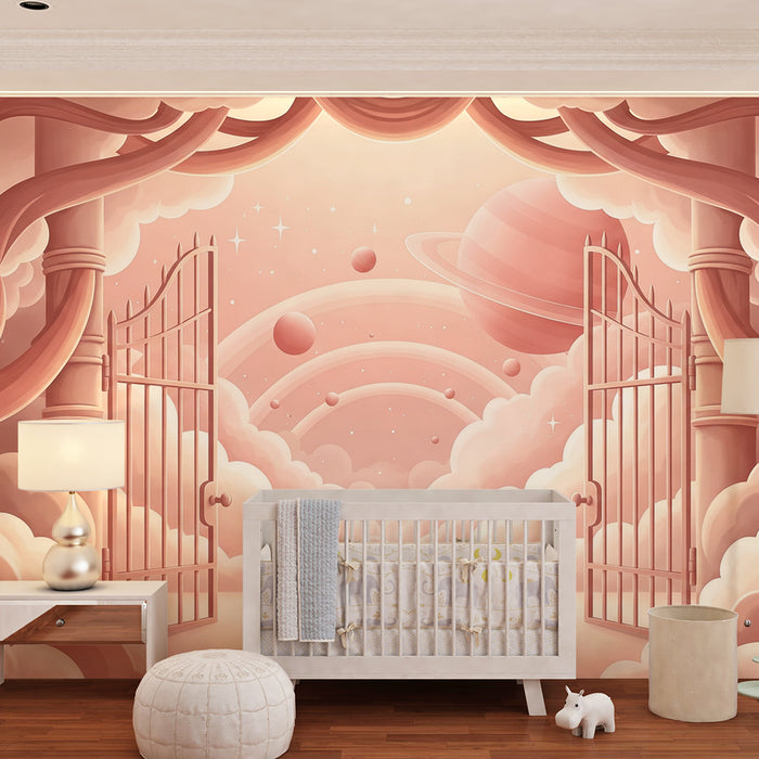 Papier peint chambre bébé | Portes ouvertes sur un univers céleste et nuageux