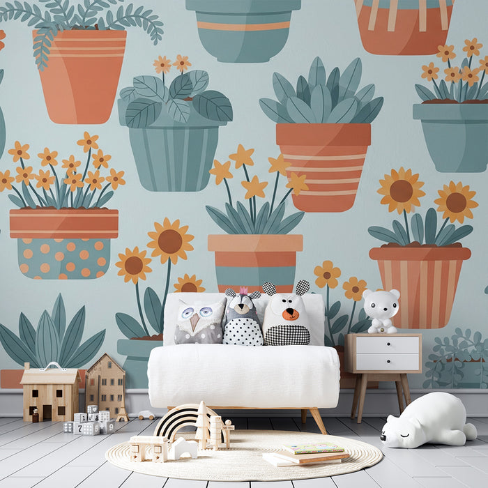 Papier peint chambre bébé | Pots de fleurs colorés et plantes variées sur fond doux