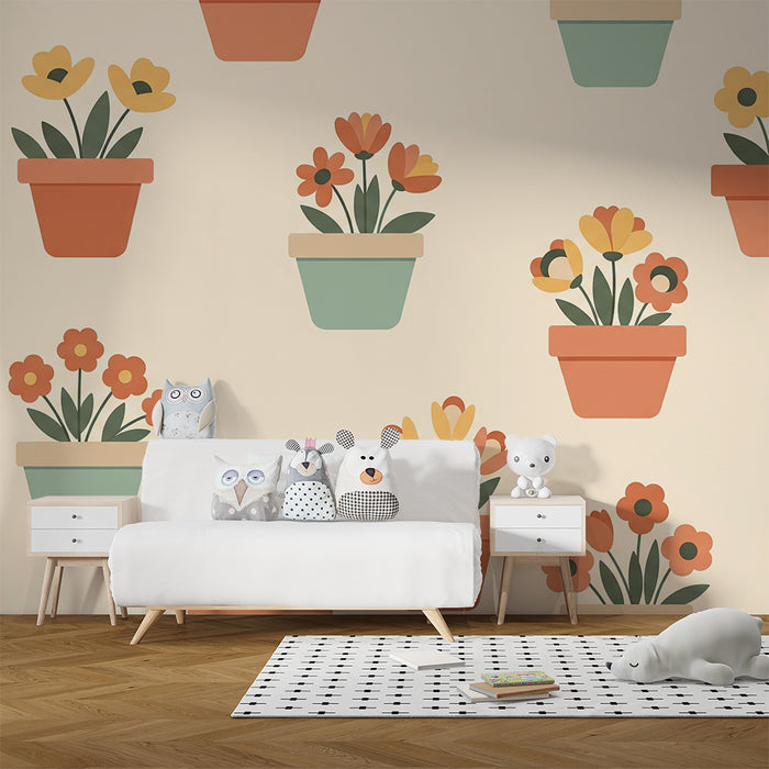 Børnetapet | Farverige blomsterpotter på en blød baggrund