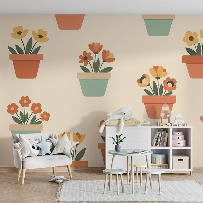 Børnetapet | Farverige blomsterpotter på en blød baggrund