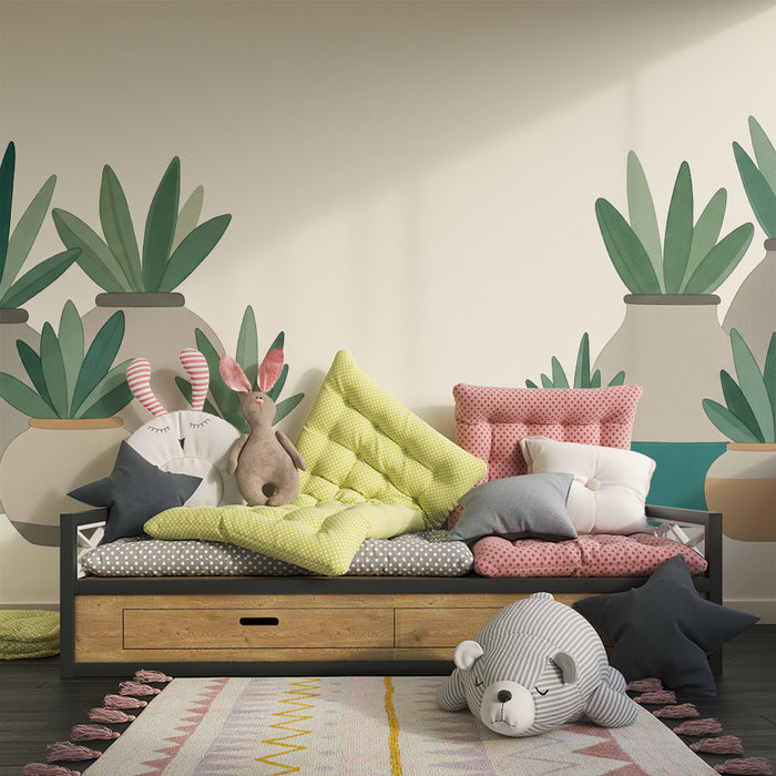 Papel pintado para habitación infantil | Macetas modernas con follaje relajante