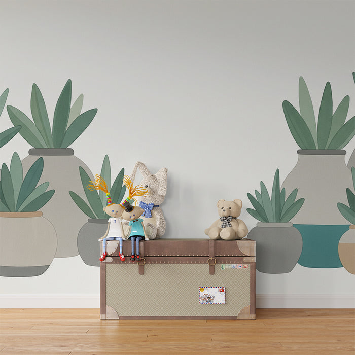Papel pintado para habitación infantil | Macetas modernas con follaje relajante