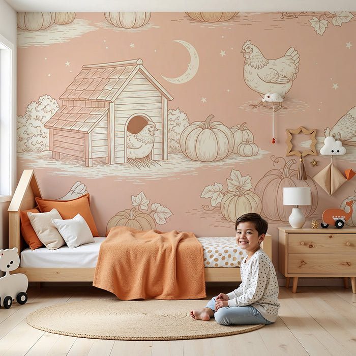 Papier peint chambre bébé | Poules et citrouilles dans un décor champêtre