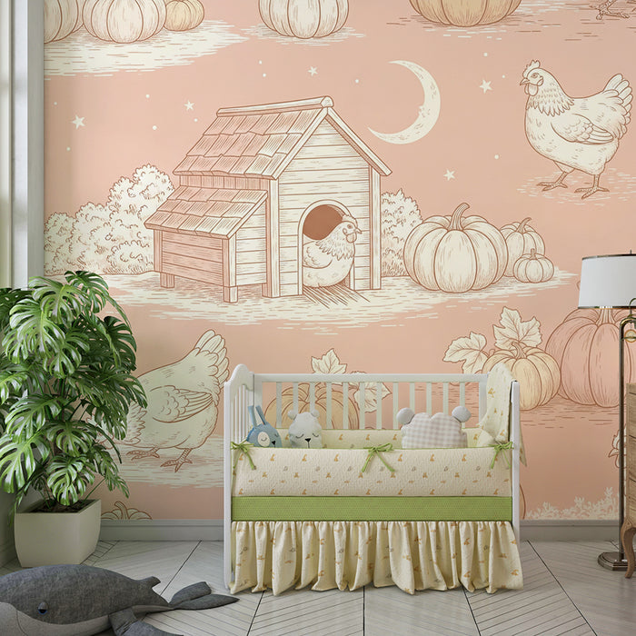Papier peint chambre bébé | Poules et citrouilles dans un décor champêtre