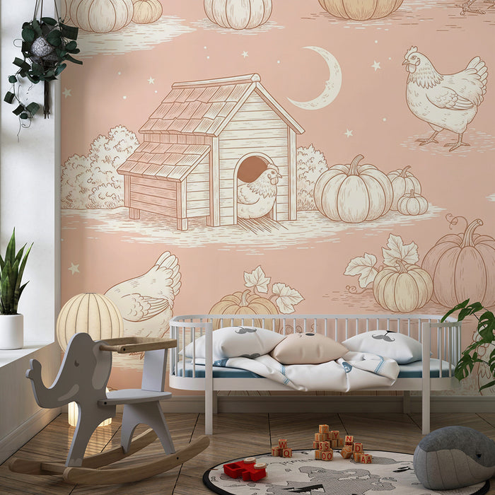 Papier peint chambre bébé | Poules et citrouilles dans un décor champêtre