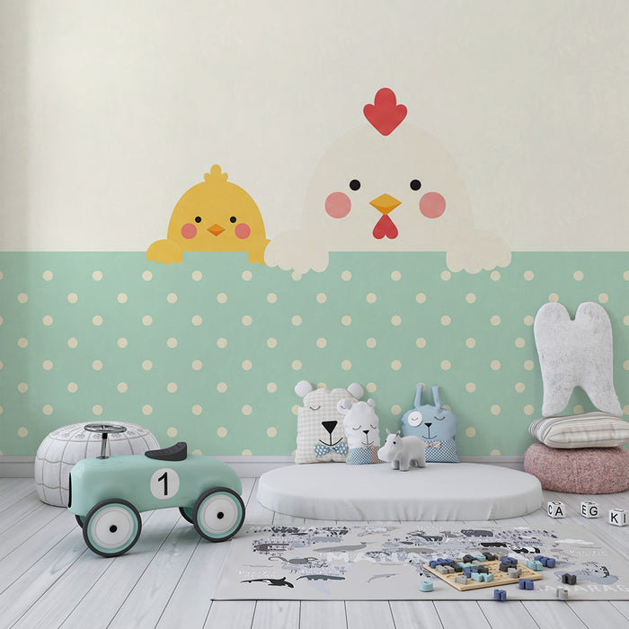 Χαρτί τοίχου βρεφικού δωματίου | Γλυκά κοτοπουλάκια και κοτοπουλάκια σε απαλό φόντο