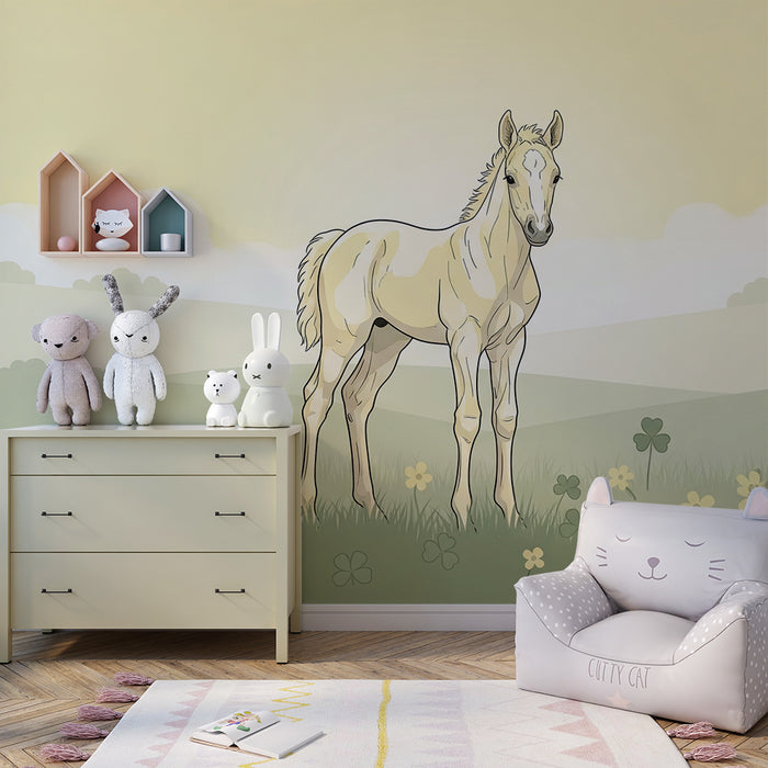 Papier peint chambre bébé | Poulin dans un champ de fleurs sous un ciel doux