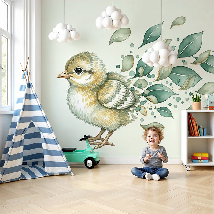 Papier peint chambre bébé | Poussin délicat entouré de feuilles et de bulles