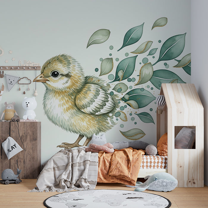 Papier peint chambre bébé | Poussin délicat entouré de feuilles et de bulles