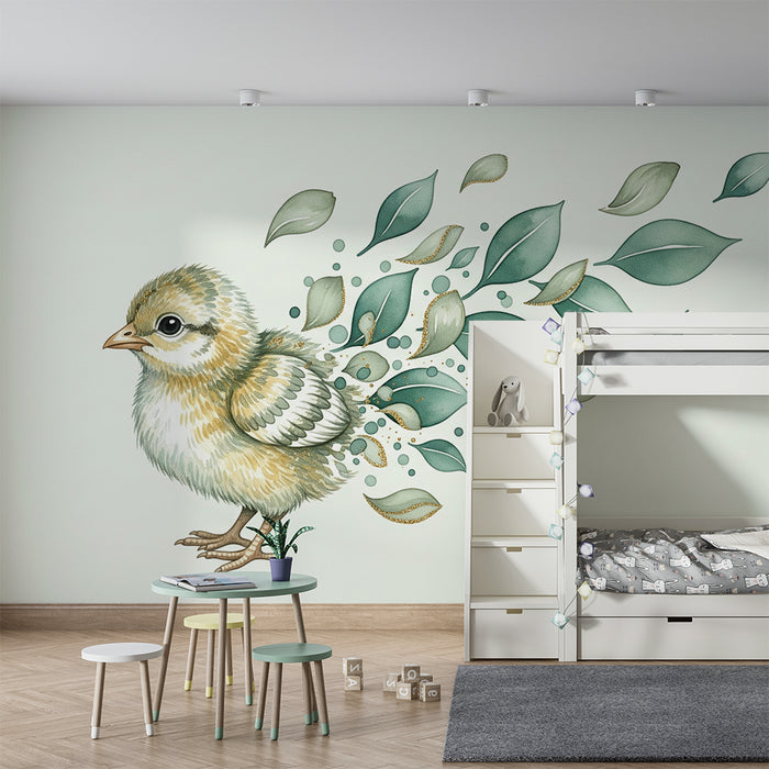 Papier peint chambre bébé | Poussin délicat entouré de feuilles et de bulles
