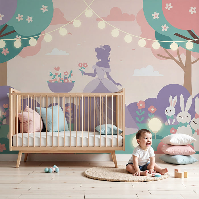 Papel pintado infantil | Princesa en un jardín encantado con conejos y flores