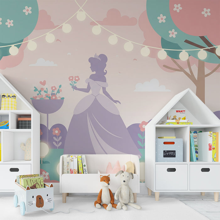 Papel pintado infantil | Princesa en un jardín encantado con conejos y flores