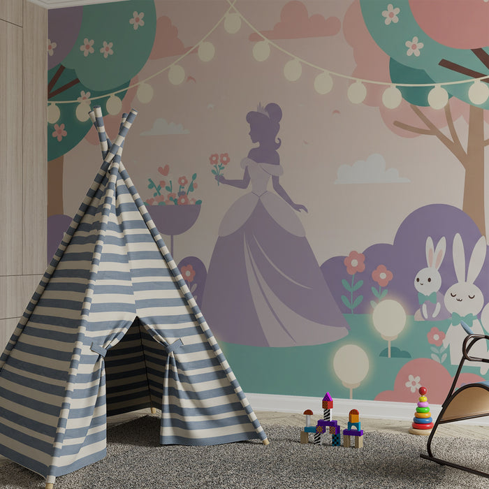Papel pintado infantil | Princesa en un jardín encantado con conejos y flores