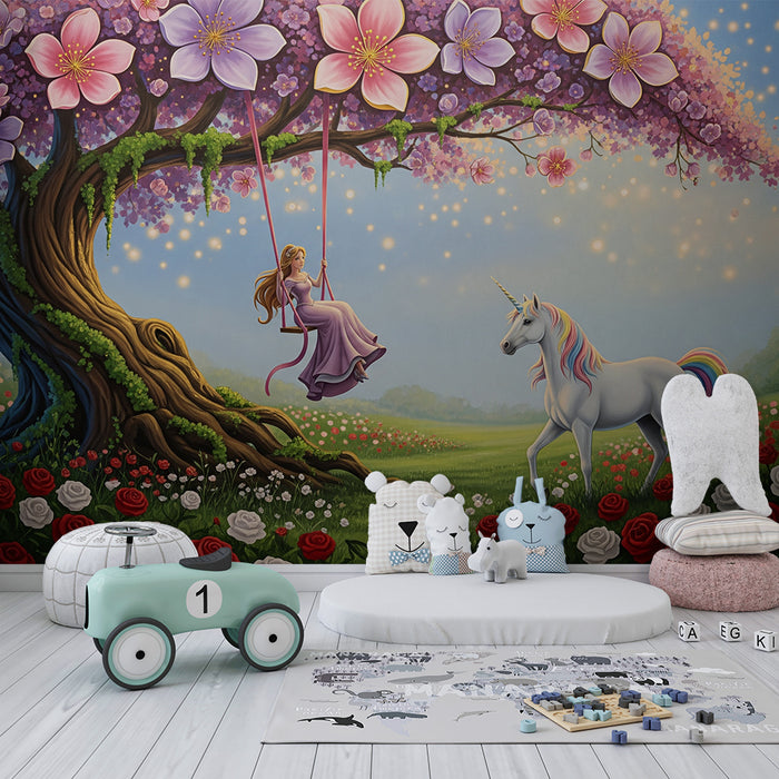 Papier peint chambre bébé | Princesse sur une balançoire sous un arbre fleuri avec un licorne