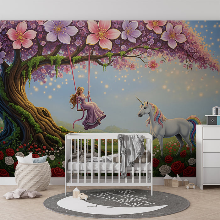 Papier peint chambre bébé | Princesse sur une balançoire sous un arbre fleuri avec un licorne