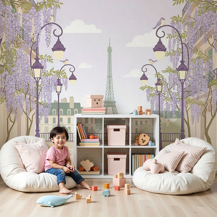 Papel de parede para quarto de bebé | Passeio parisiense sob as glicínias