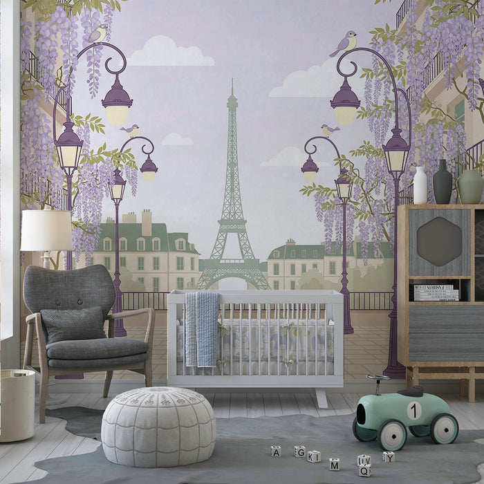 Papel de parede para quarto de bebé | Passeio parisiense sob as glicínias