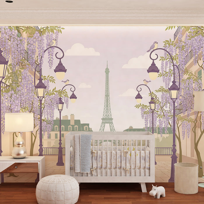 Papel de parede para quarto de bebé | Passeio parisiense sob as glicínias