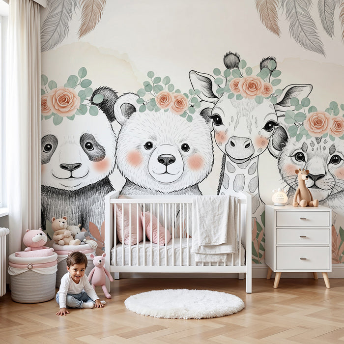 Børneværelse tapet | Fire søde dyr med blomsterkroner