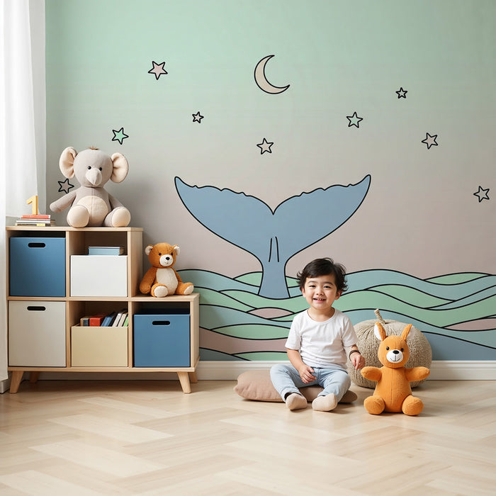 Papel de parede quarto bebê | Cauda de baleia e ondas pastel sob um céu estrelado