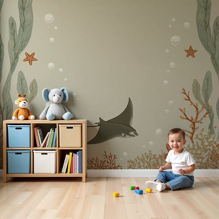Papel pintado para habitación infantil | Mantarraya y fondo marino colorido con corales y estrellas de mar