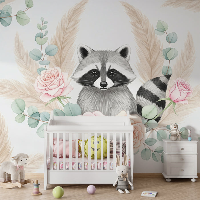 Tapet barnerom | Søt vaskebjørn omgitt av delikate blomster