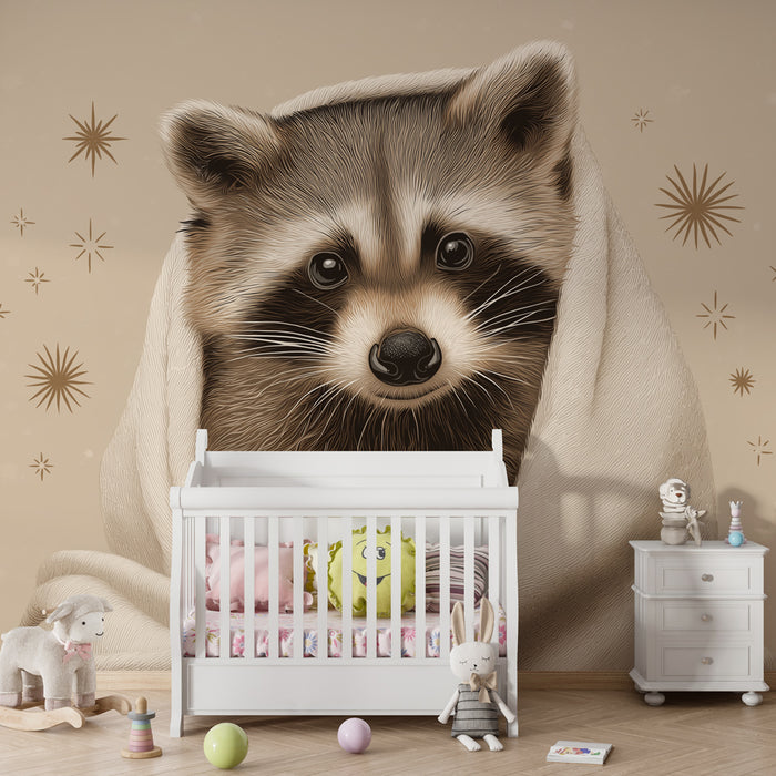 Tapet barnerom | Sjarmerende vaskebjørn innpakket